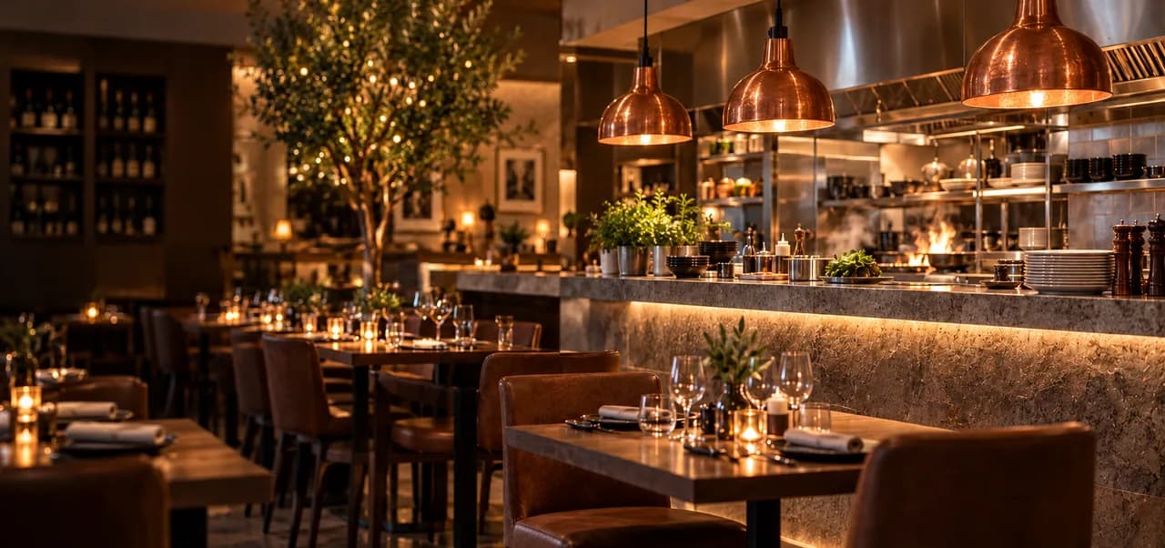 A restaurant dining area and open kitchen