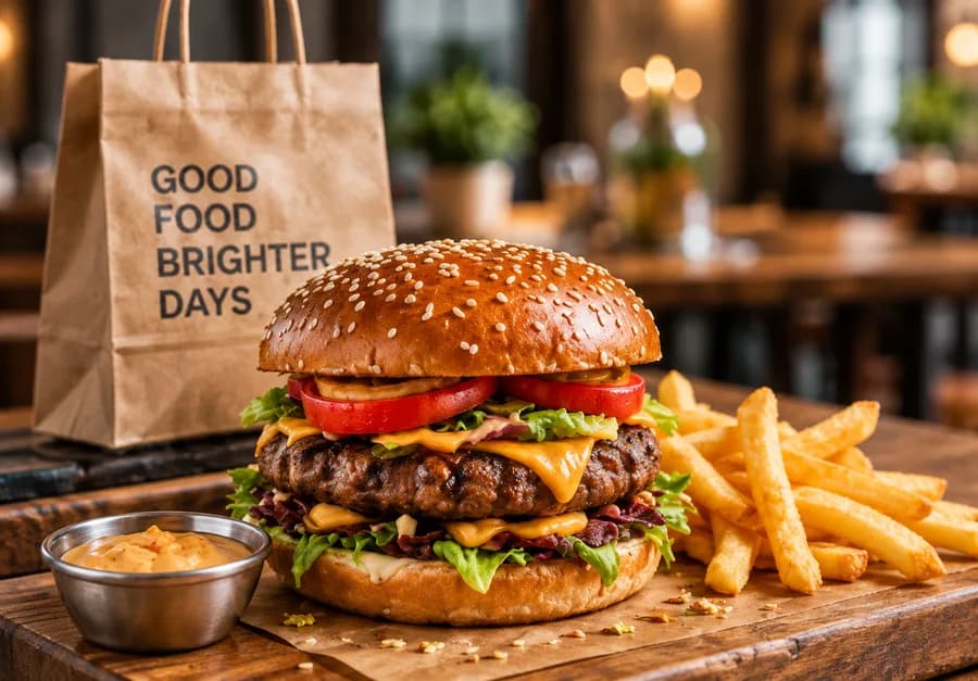Burger and fries freshly prepared for delivery