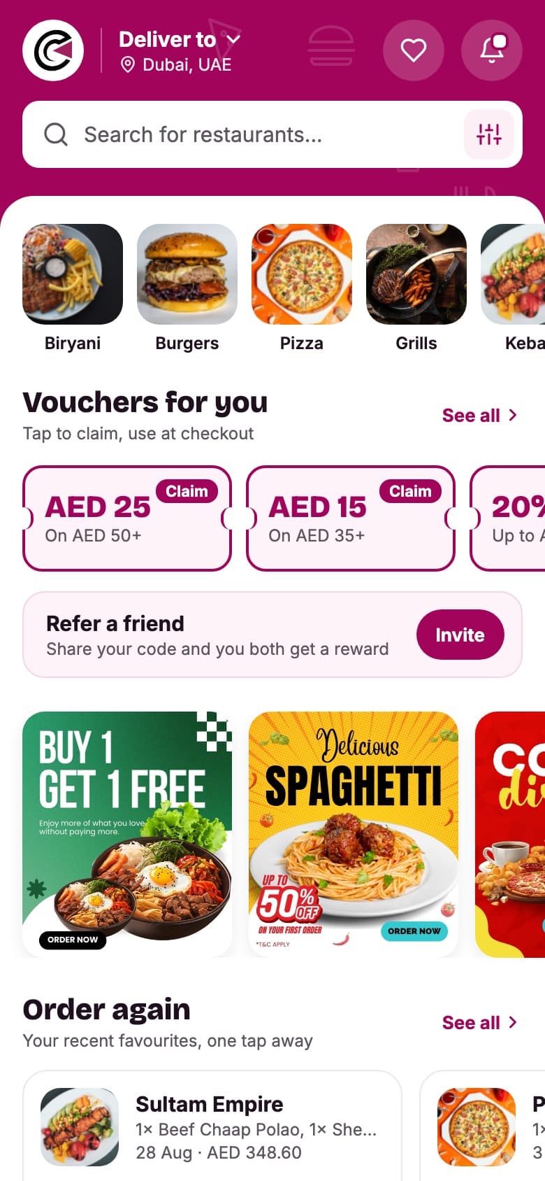Click To Food app home screen with cuisines, vouchers and order again